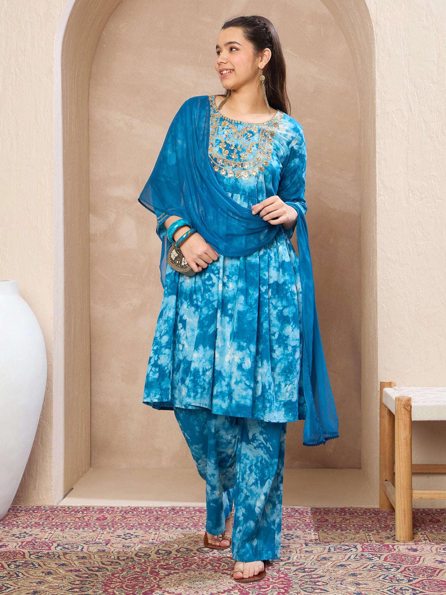 Girls Blue Tie & Dye Emb Kurta With Pants & Dupatta