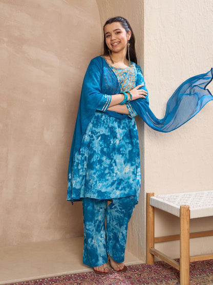 Girls Blue Tie & Dye Emb Kurta With Pants & Dupatta