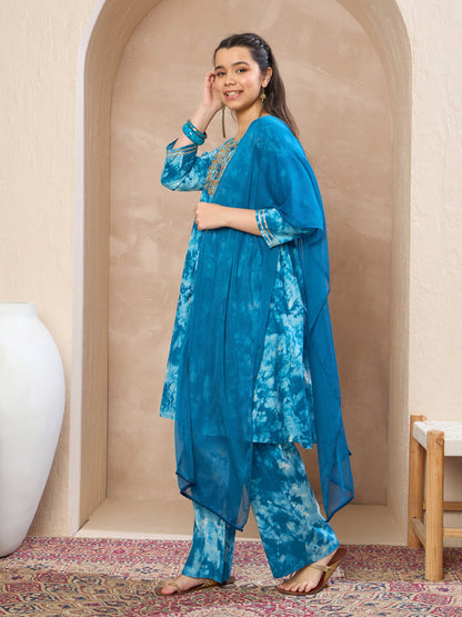 Girls Blue Tie & Dye Emb Kurta With Pants & Dupatta