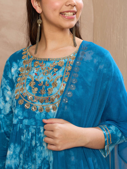 Girls Blue Tie & Dye Emb Kurta With Pants & Dupatta