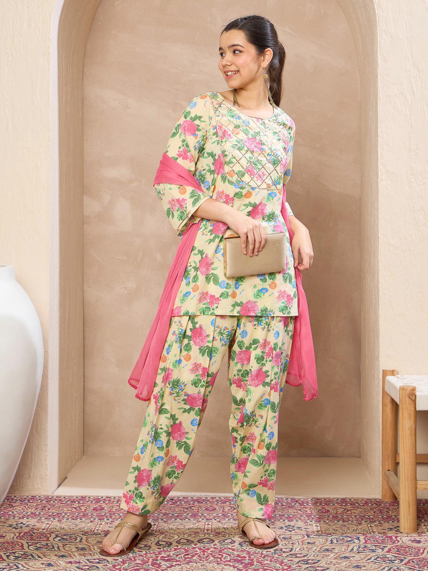 Girls Beige Floral Short Kurta With Salwar & Dupatta