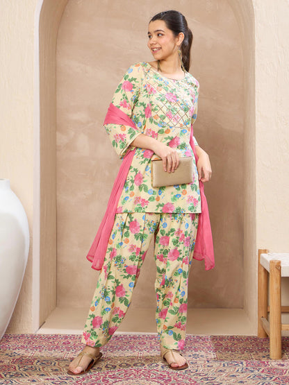 Girls Beige Floral Short Kurta With Salwar & Dupatta