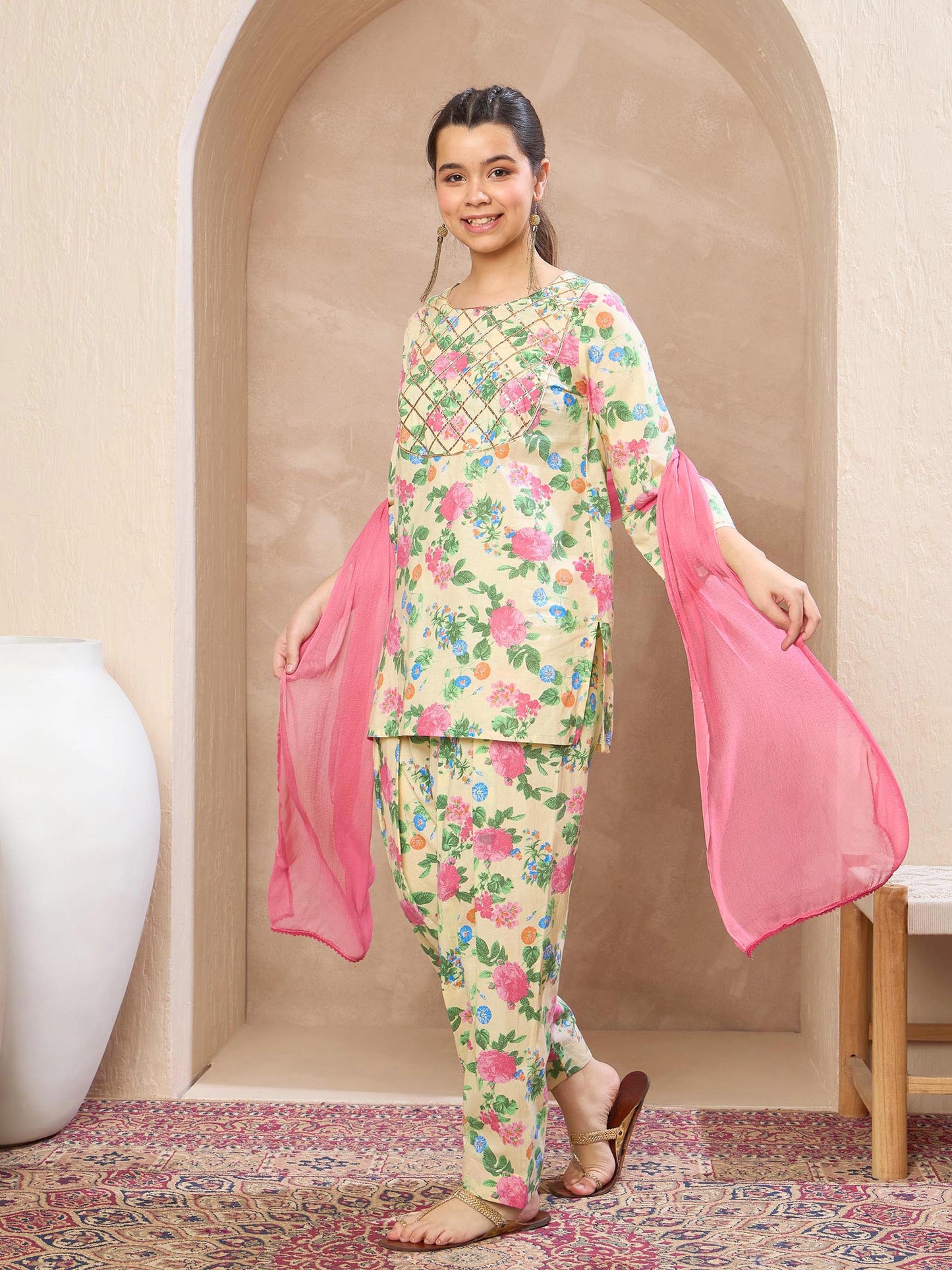 Girls Beige Floral Short Kurta With Salwar & Dupatta