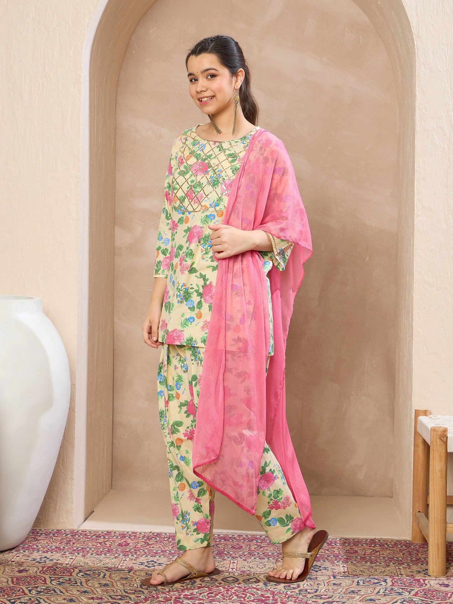 Girls Beige Floral Short Kurta With Salwar & Dupatta