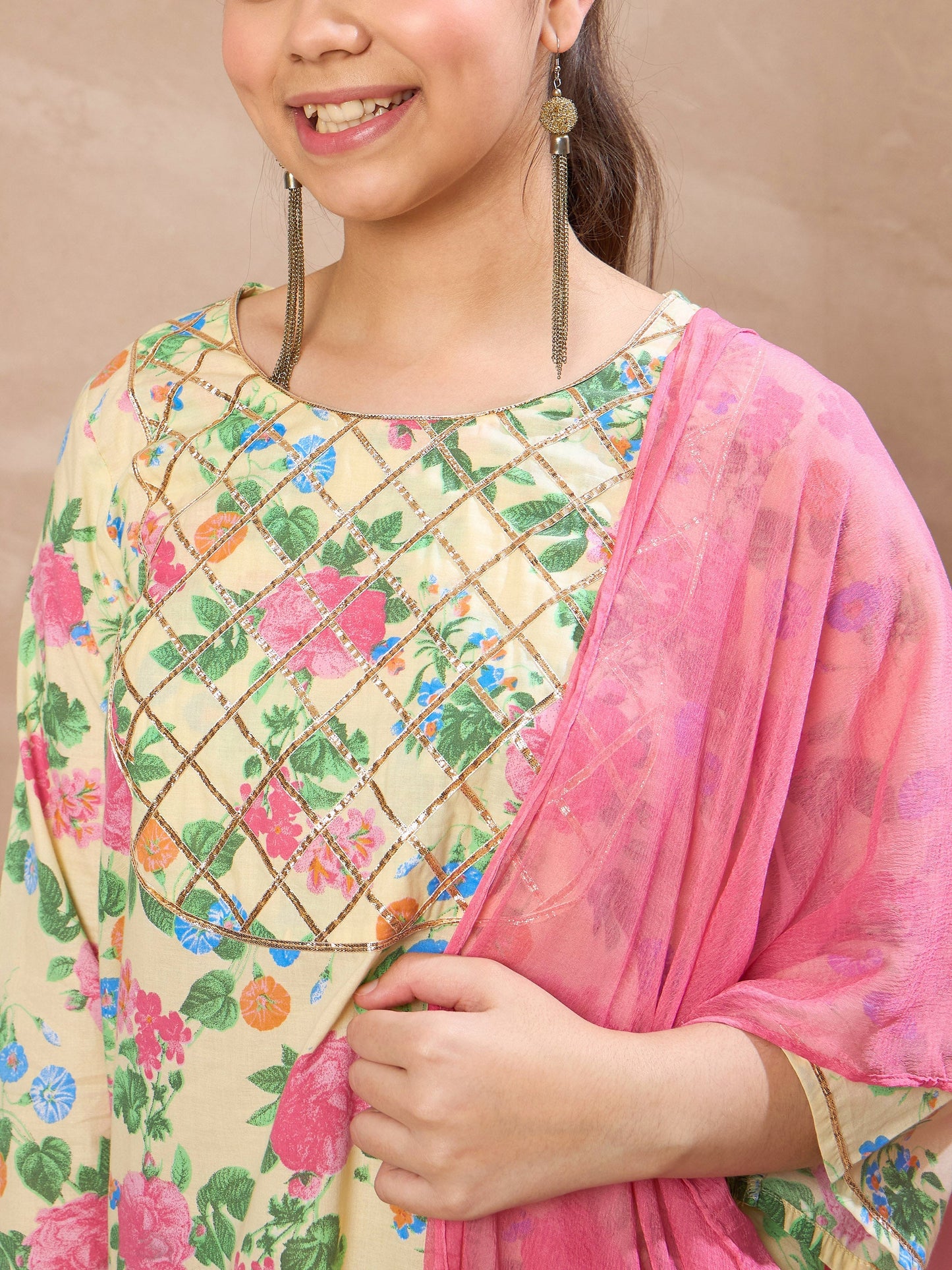 Girls Beige Floral Short Kurta With Salwar & Dupatta