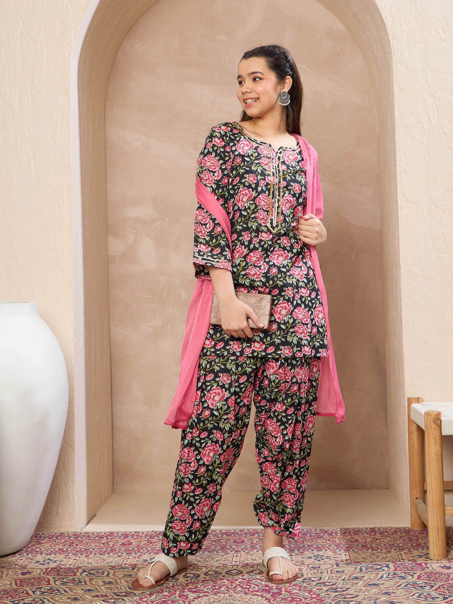 Girls Black Floral Short Kurta With Salwar