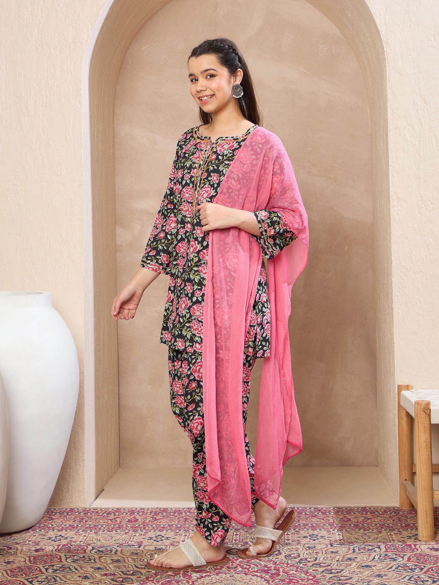 Girls Black Floral Short Kurta With Salwar