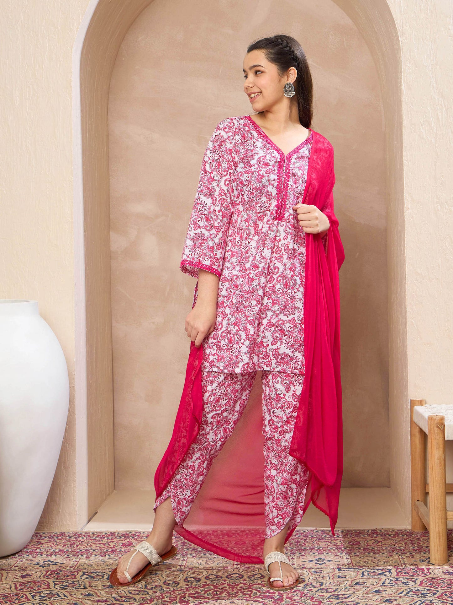 Girls White & Pink Short Kurta With Dhoti Pants & Dupatta