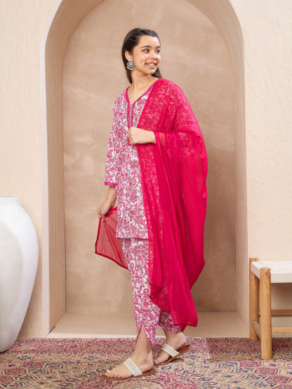 Girls White & Pink Short Kurta With Dhoti Pants & Dupatta