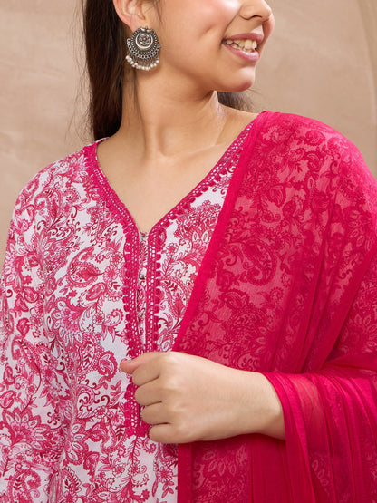 Girls White & Pink Short Kurta With Dhoti Pants & Dupatta