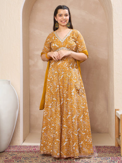 Girls Yellow Floral Crop Top With Anarkali Skirt & Dupatta