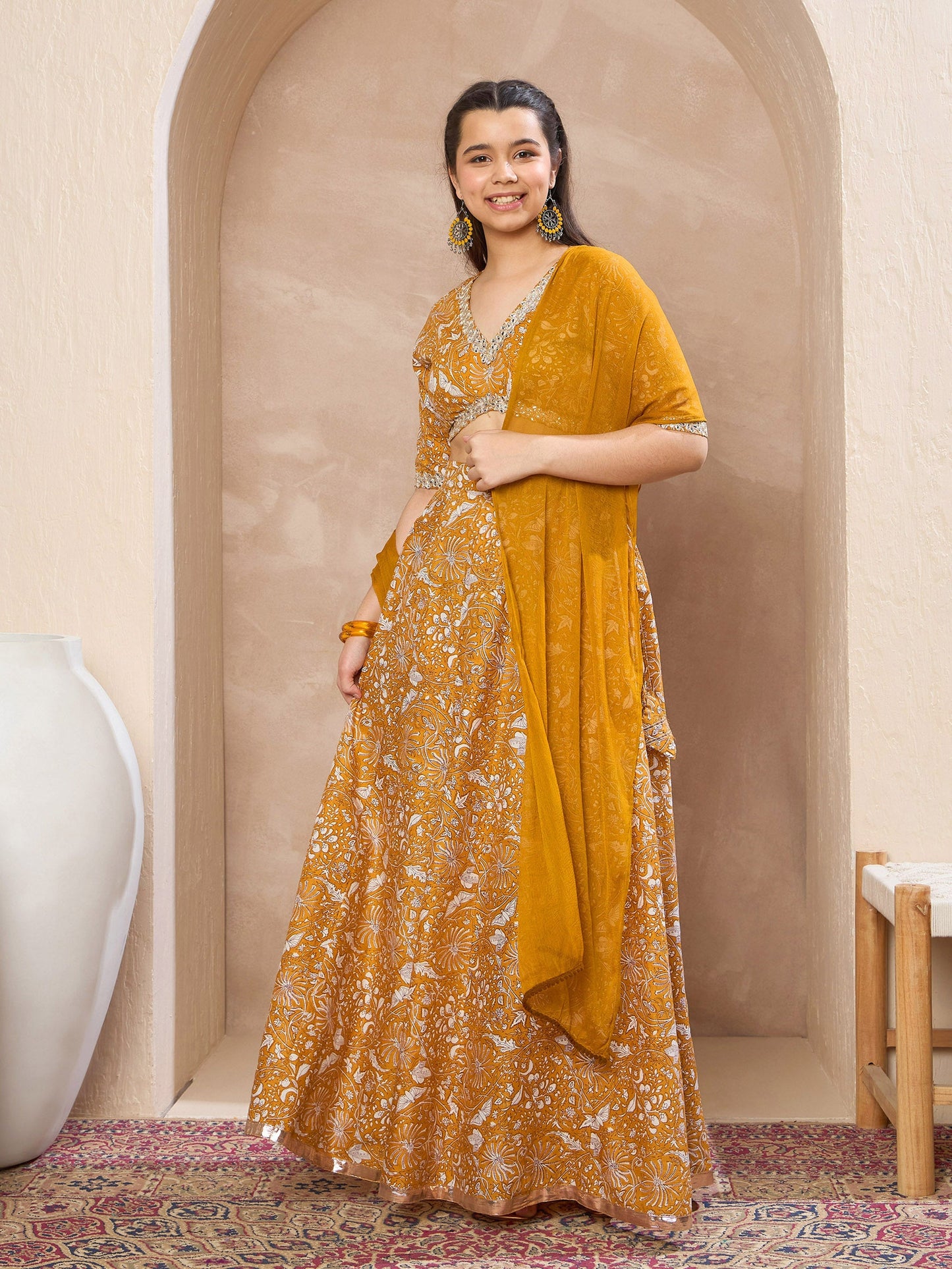 Girls Yellow Floral Crop Top With Anarkali Skirt & Dupatta