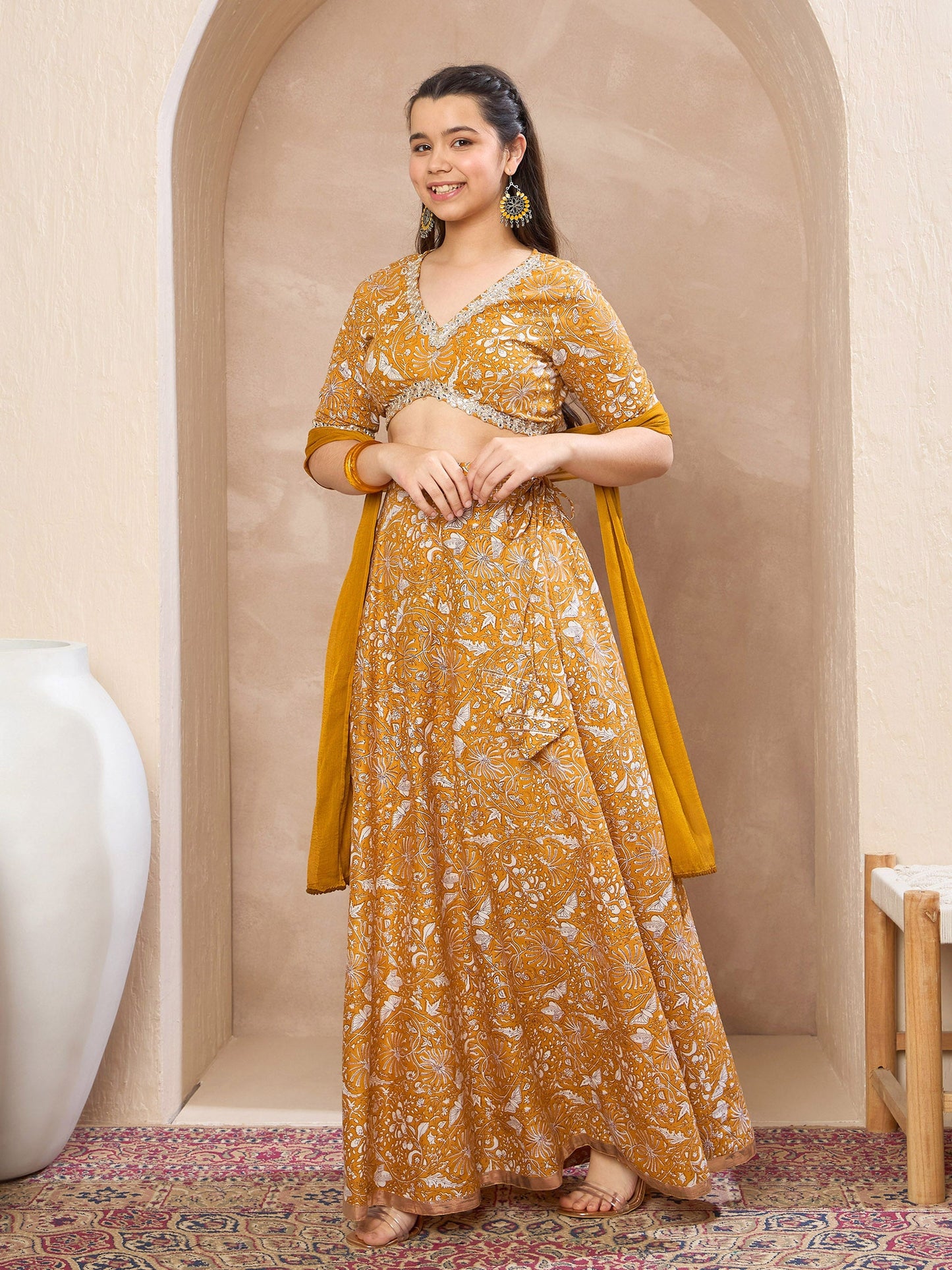 Girls Yellow Floral Crop Top With Anarkali Skirt & Dupatta