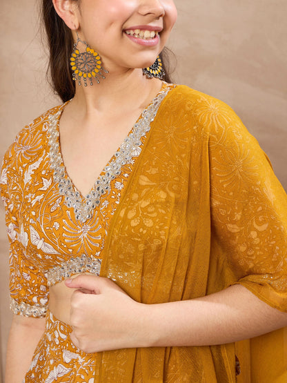Girls Yellow Floral Crop Top With Anarkali Skirt & Dupatta