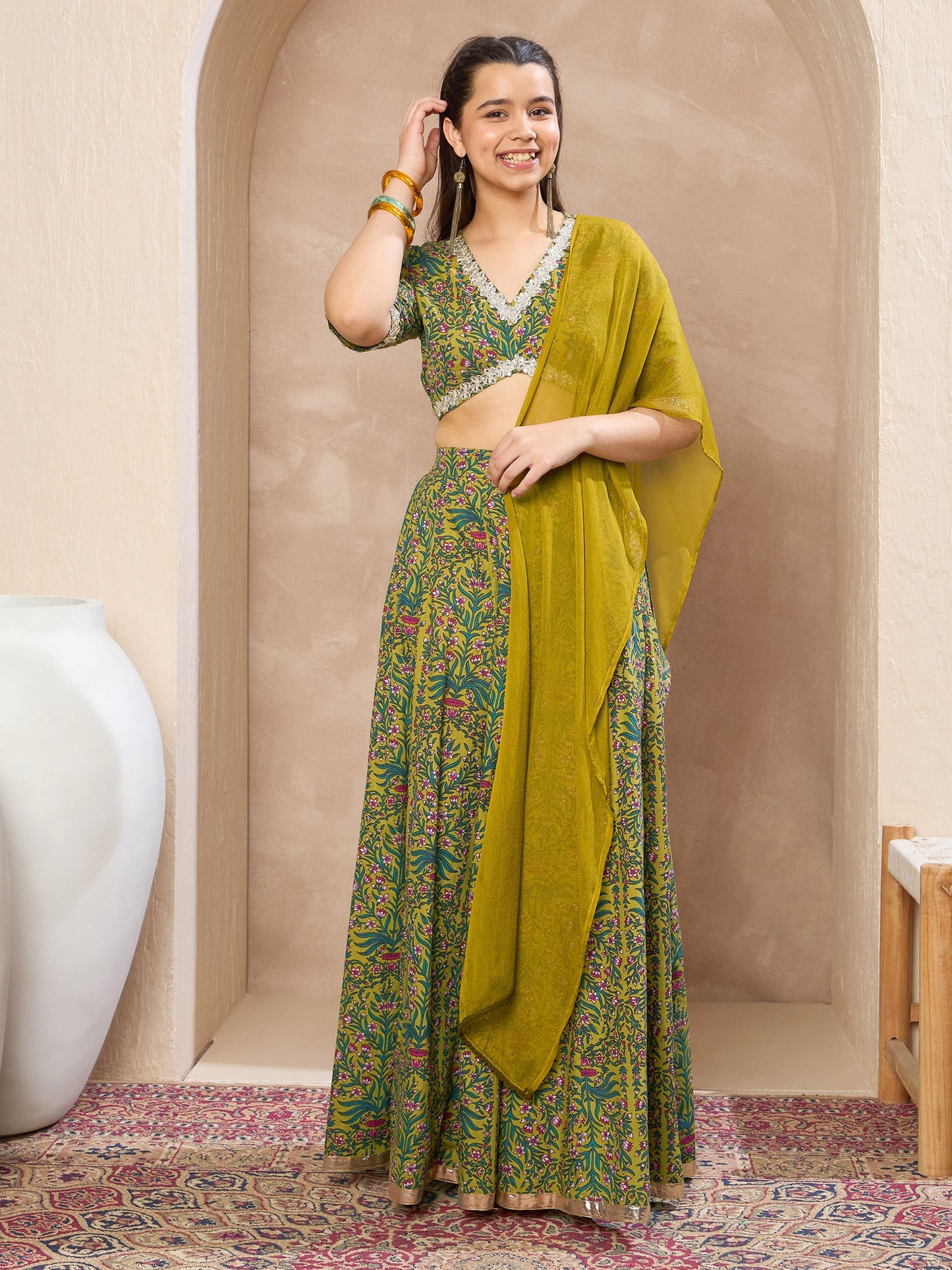 Girls Olive Floral Crop Top With Anarkali Skirt & Dupatta
