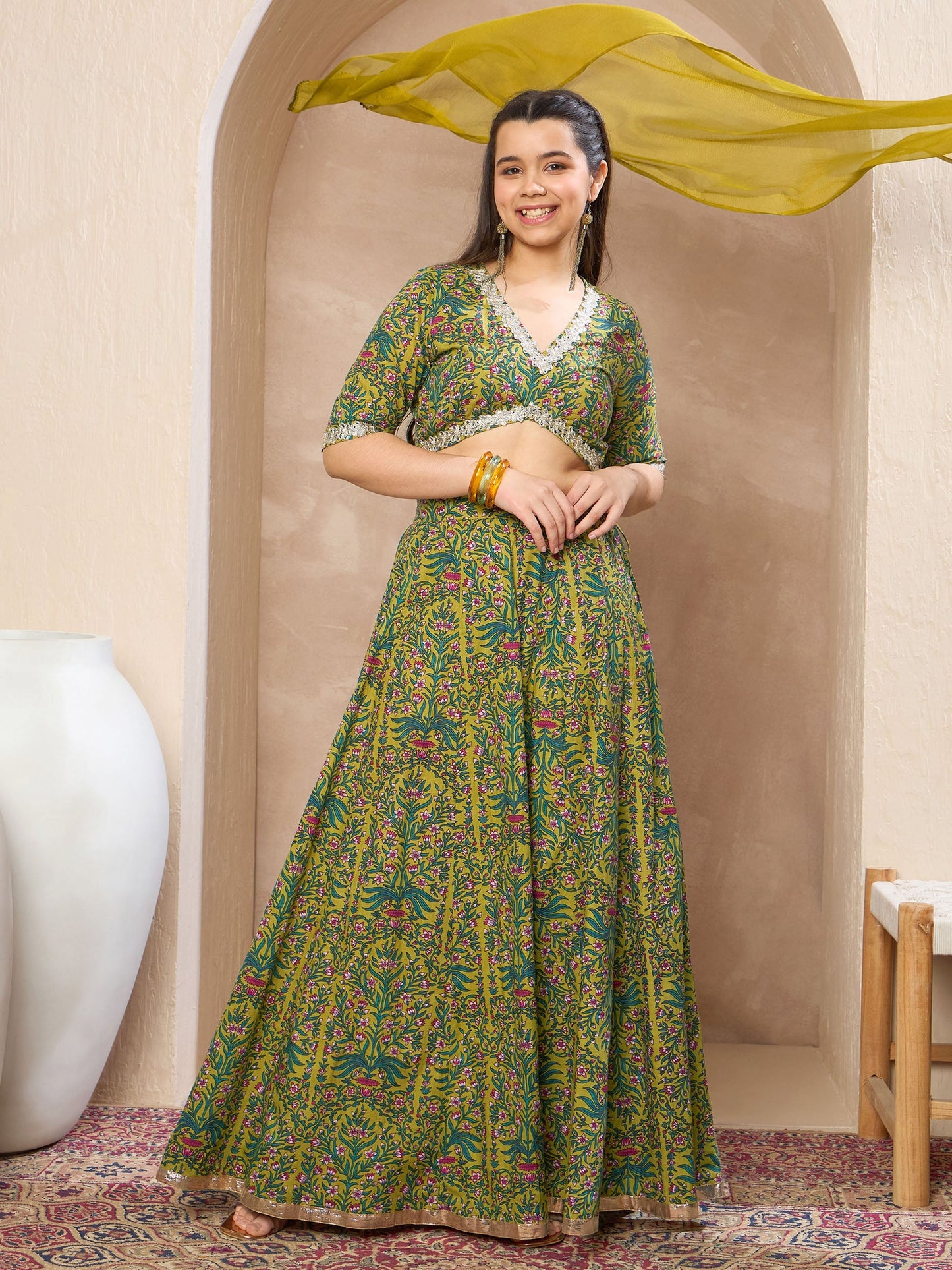 Girls Olive Floral Crop Top With Anarkali Skirt & Dupatta