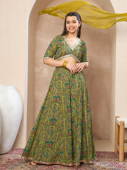 Girls Olive Floral Crop Top With Anarkali Skirt & Dupatta