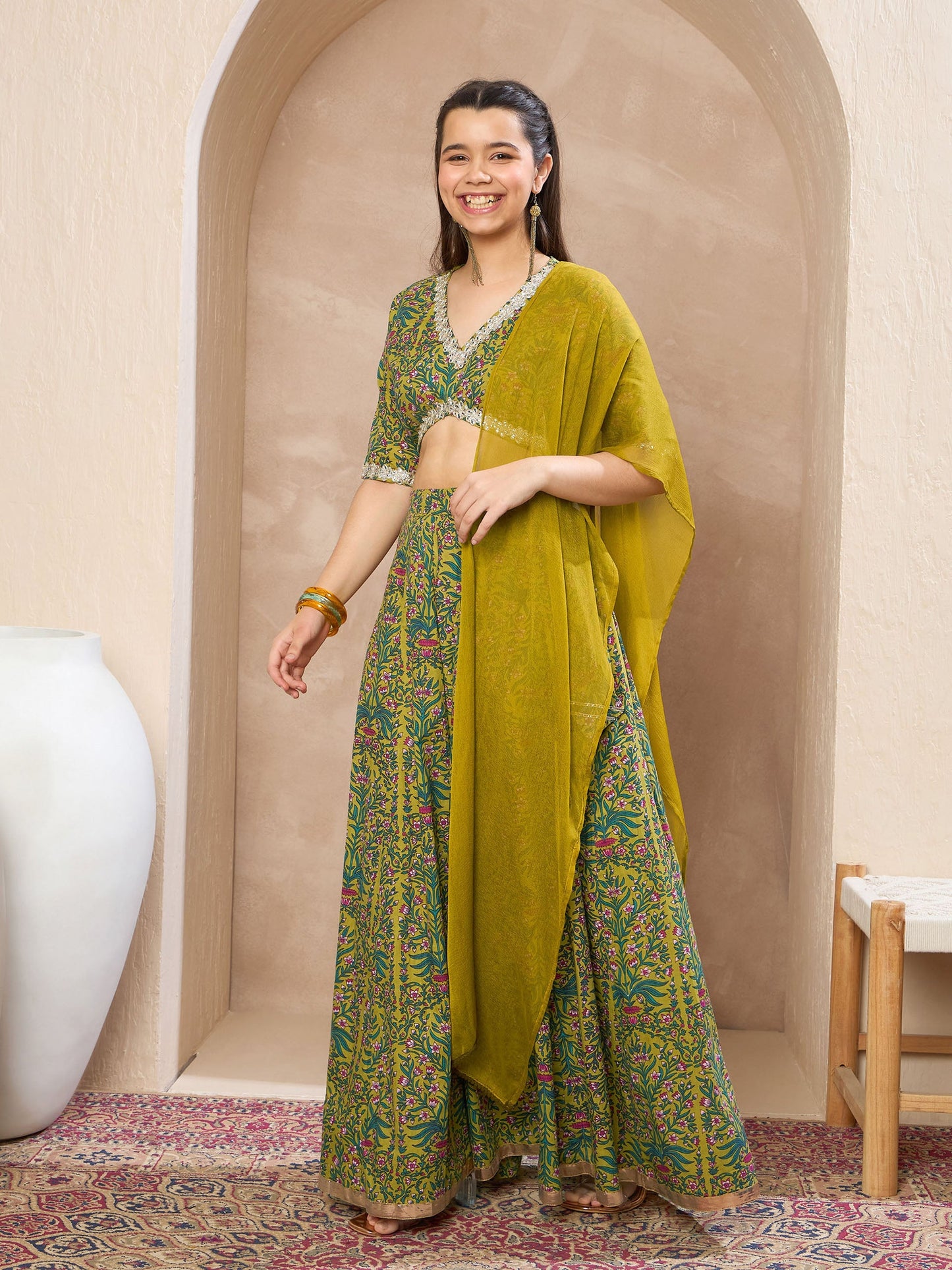 Girls Olive Floral Crop Top With Anarkali Skirt & Dupatta