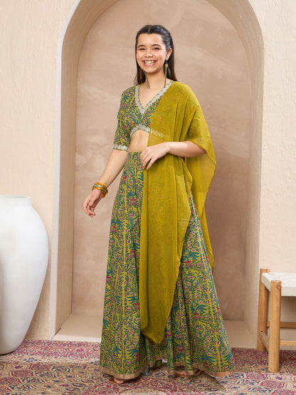 Girls Olive Floral Crop Top With Anarkali Skirt & Dupatta