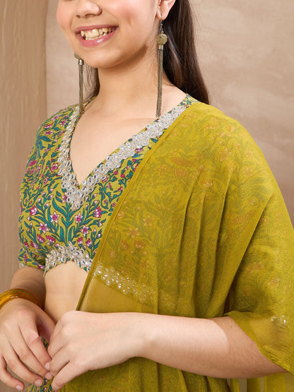 Girls Olive Floral Crop Top With Anarkali Skirt & Dupatta