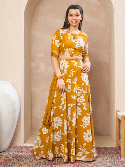 Girls Mustard Floral Crop Top With Anarkali Skirt & Dupatta