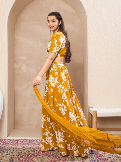 Girls Mustard Floral Crop Top With Anarkali Skirt & Dupatta