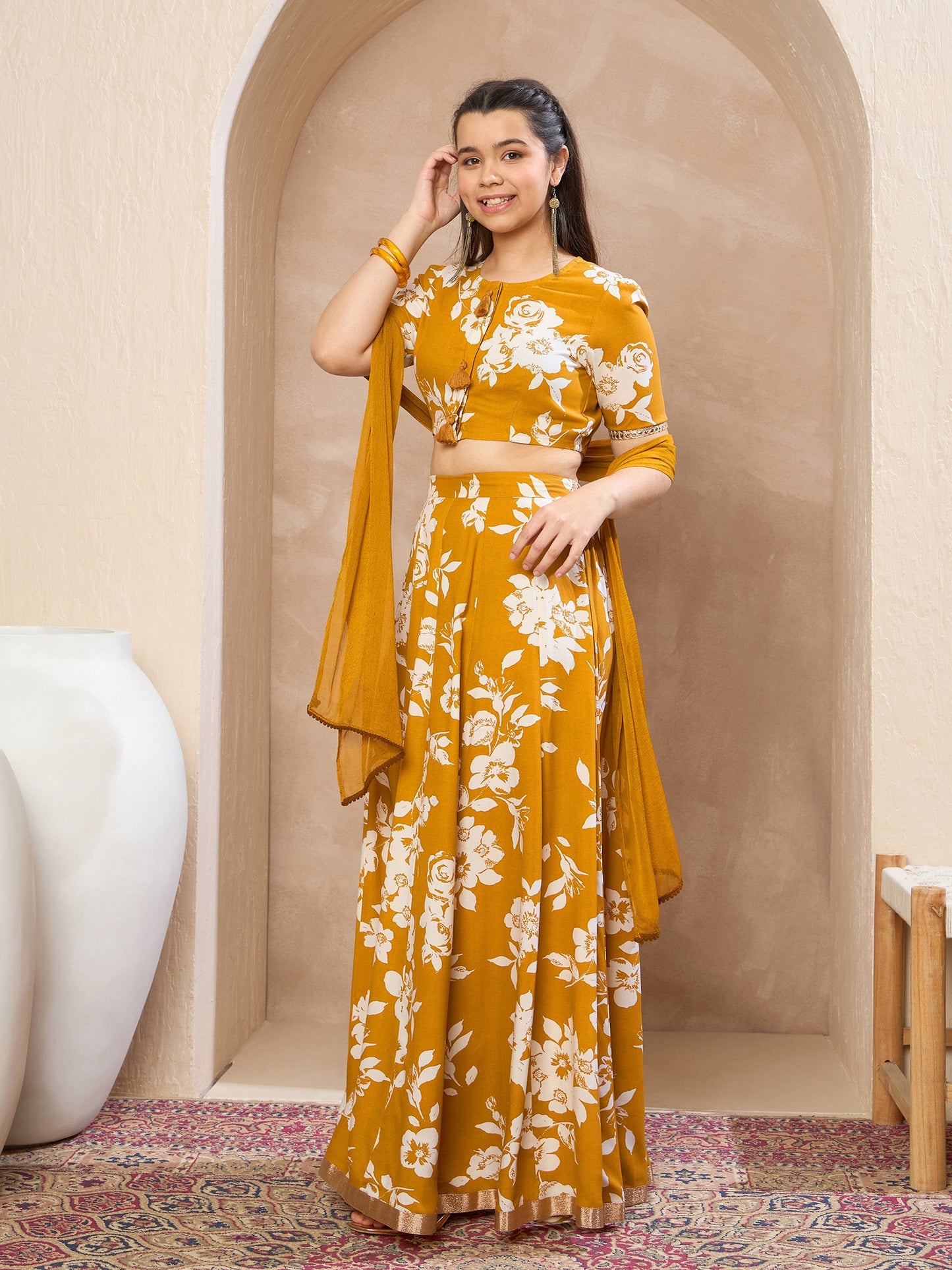 Girls Mustard Floral Crop Top With Anarkali Skirt & Dupatta