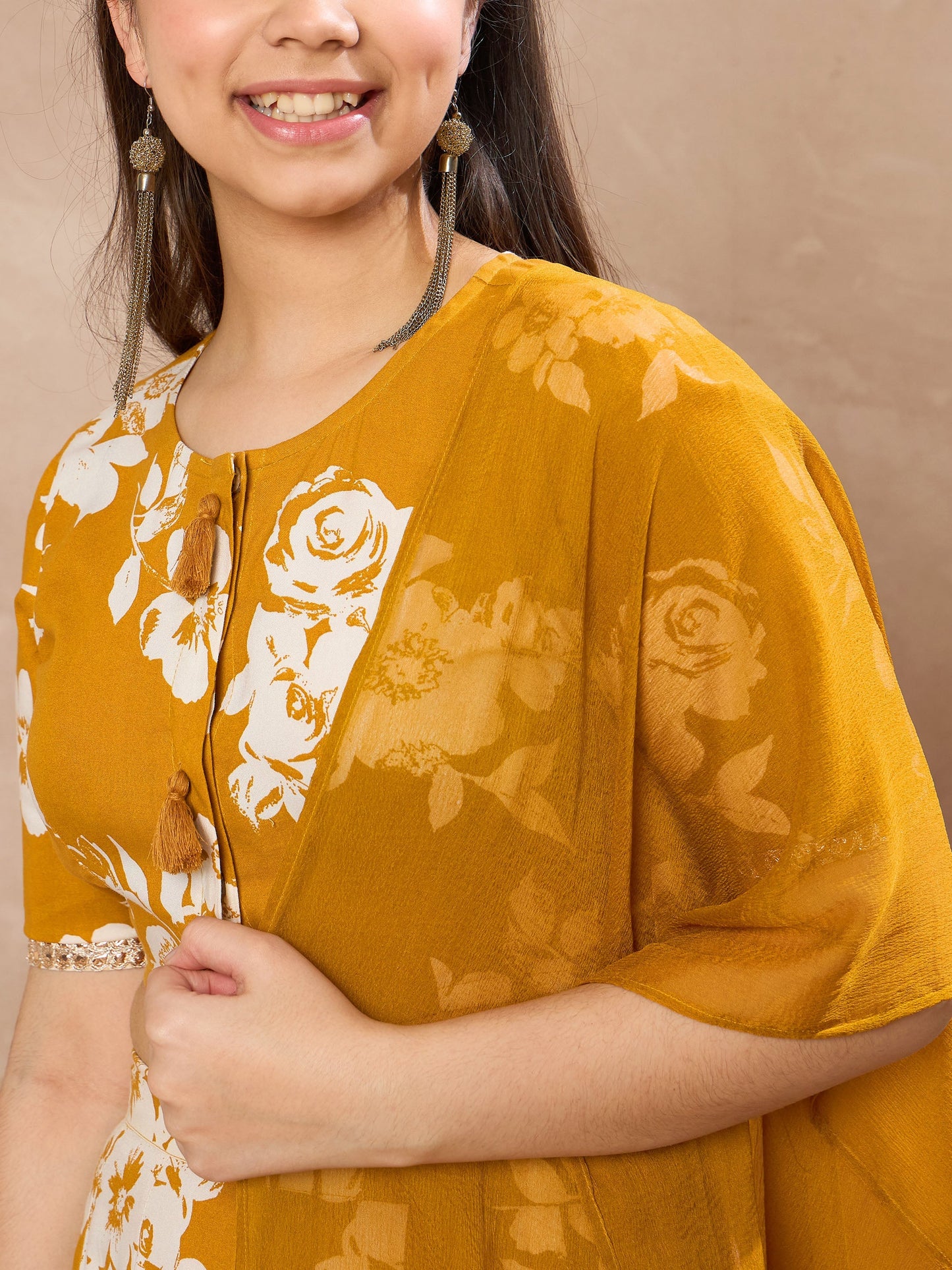 Girls Mustard Floral Crop Top With Anarkali Skirt & Dupatta