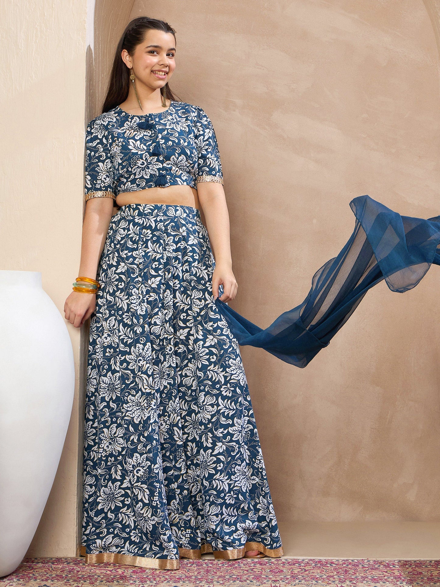 Girls Blue Floral Crop Top With Anarkali Skirt & Dupatta