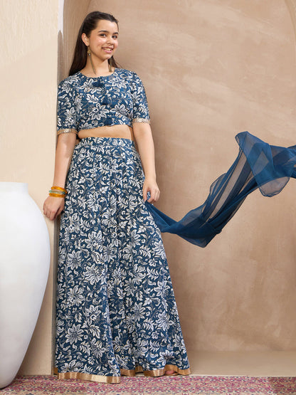 Girls Blue Floral Crop Top With Anarkali Skirt & Dupatta
