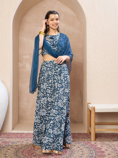 Girls Blue Floral Crop Top With Anarkali Skirt & Dupatta