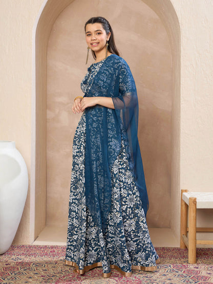 Girls Blue Floral Crop Top With Anarkali Skirt & Dupatta