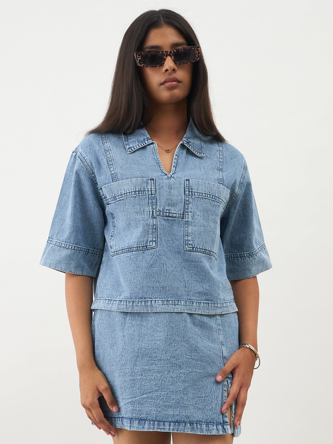 Girls Ice Blue Denim Patch Pocket Crop Top With Skorts