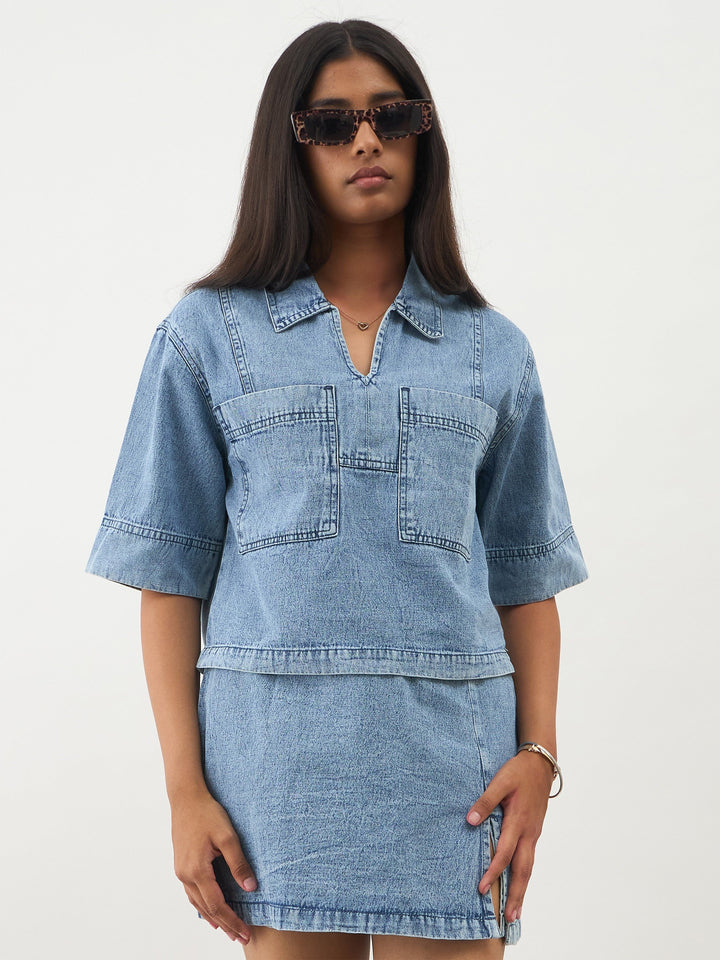 Girls Ice Blue Denim Patch Pocket Crop Top With Skorts