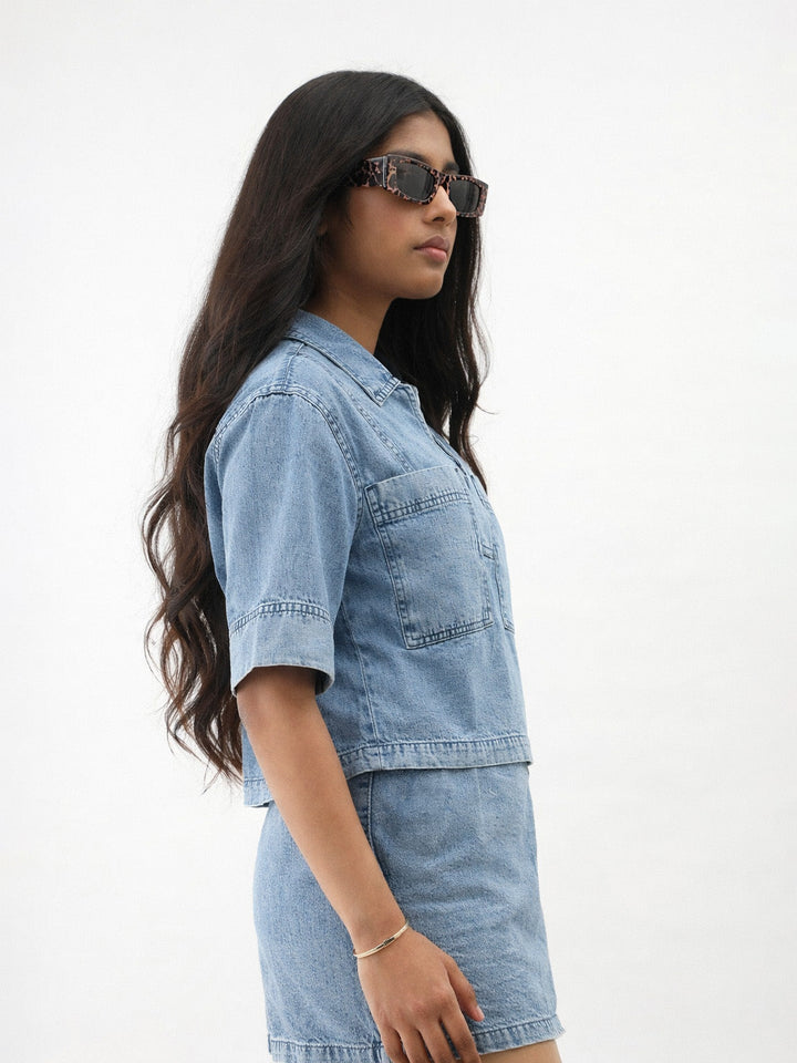 Girls Ice Blue Denim Patch Pocket Crop Top With Skorts