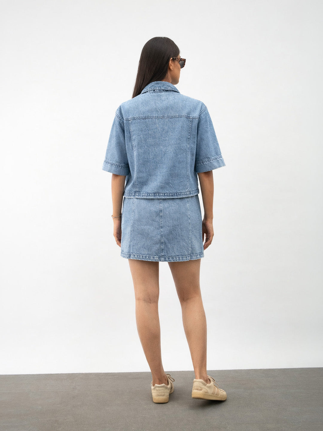 Girls Ice Blue Denim Patch Pocket Crop Top With Skorts