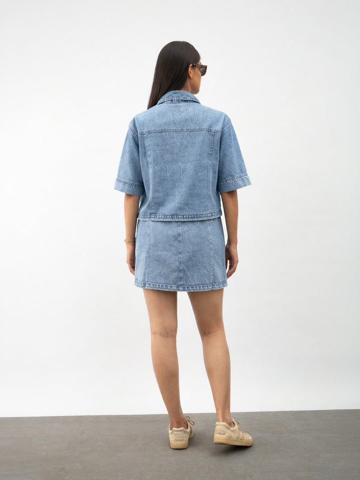 Girls Ice Blue Denim Patch Pocket Crop Top With Skorts