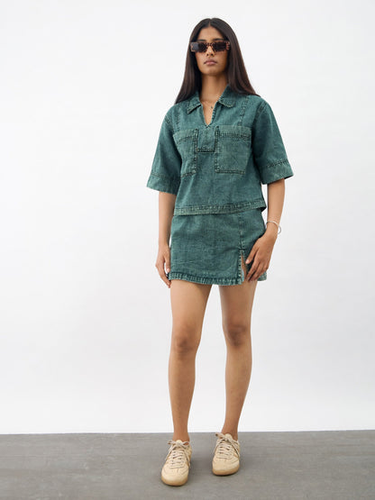 Girls Navy Blue Green Blast Denim Patch Pocket Crop Top With Skorts