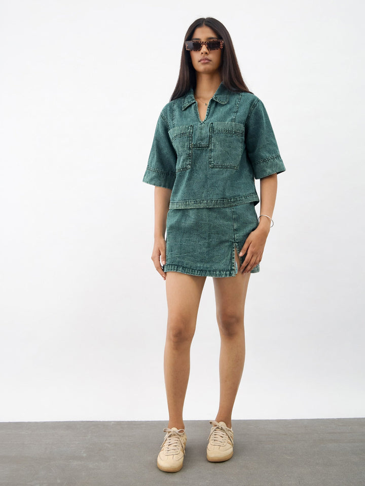 Girls Navy Blue Green Blast Denim Patch Pocket Crop Top With Skorts
