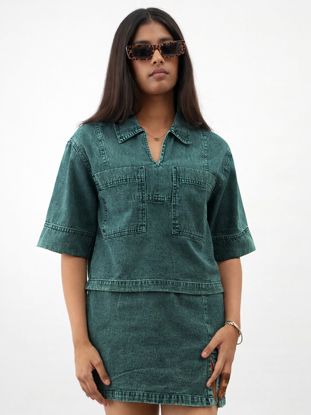 Girls Navy Blue Green Blast Denim Patch Pocket Crop Top With Skorts