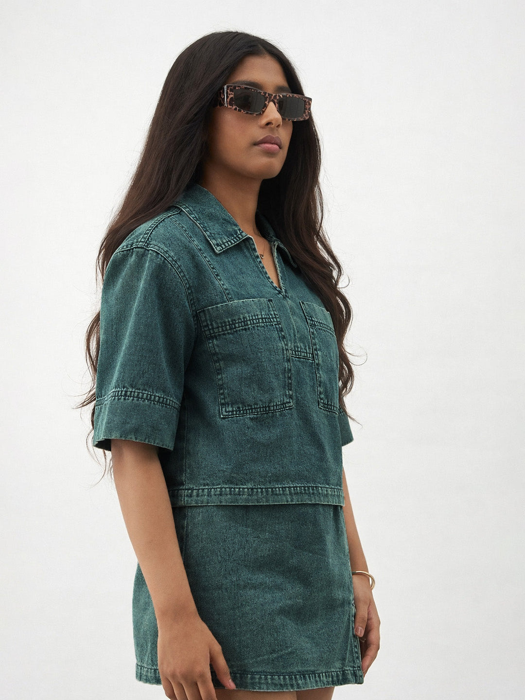 Girls Navy Blue Green Blast Denim Patch Pocket Crop Top With Skorts