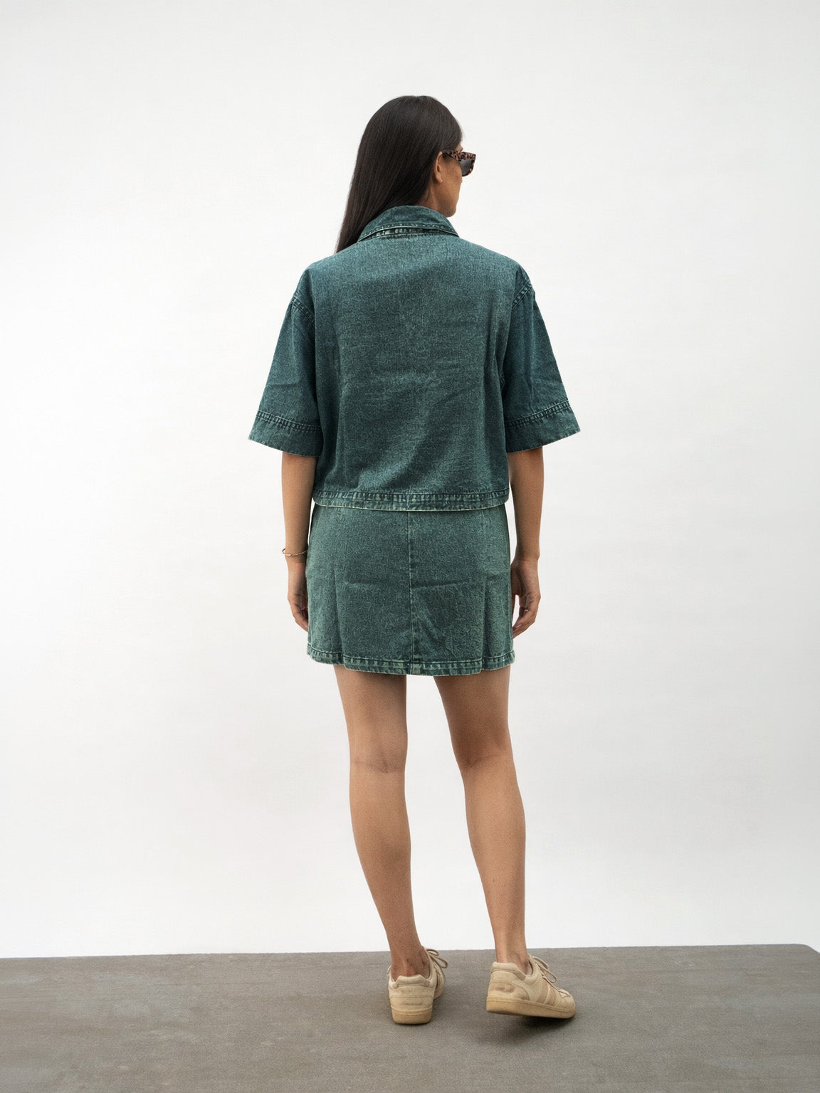 Girls Navy Blue Green Blast Denim Patch Pocket Crop Top With Skorts