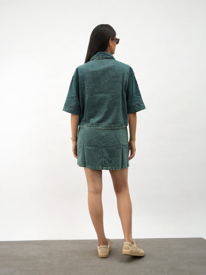 Girls Navy Blue Green Blast Denim Patch Pocket Crop Top With Skorts