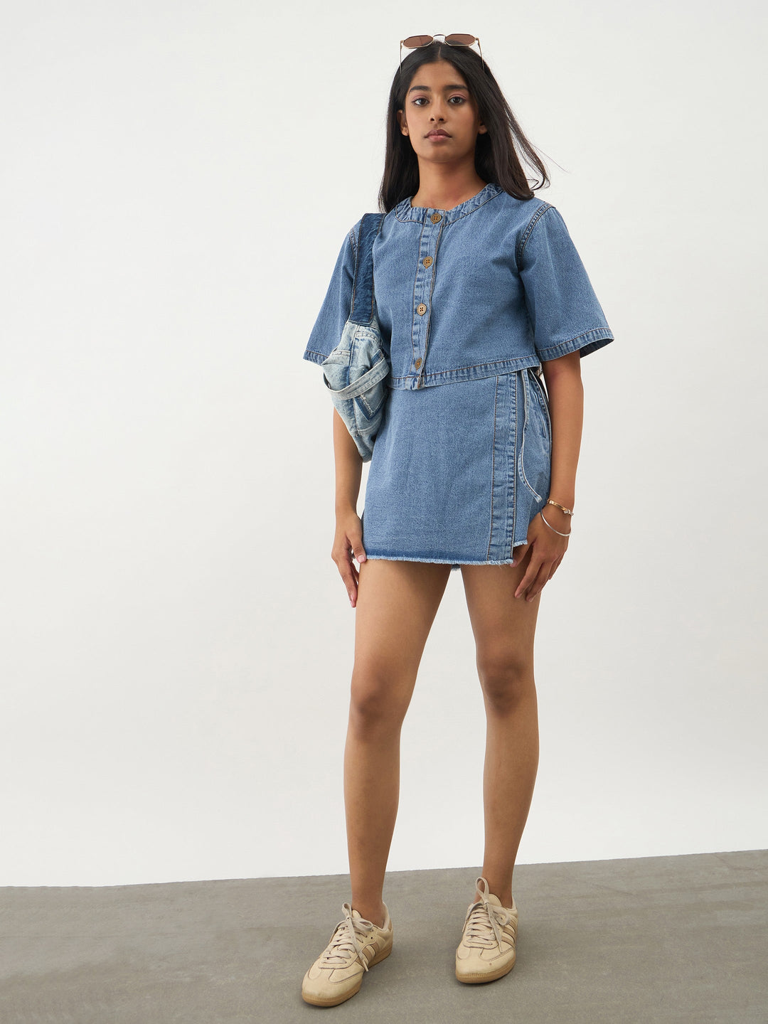 Girls Blue Blast Denim Round Neck Crop Top With Wrap Skorts