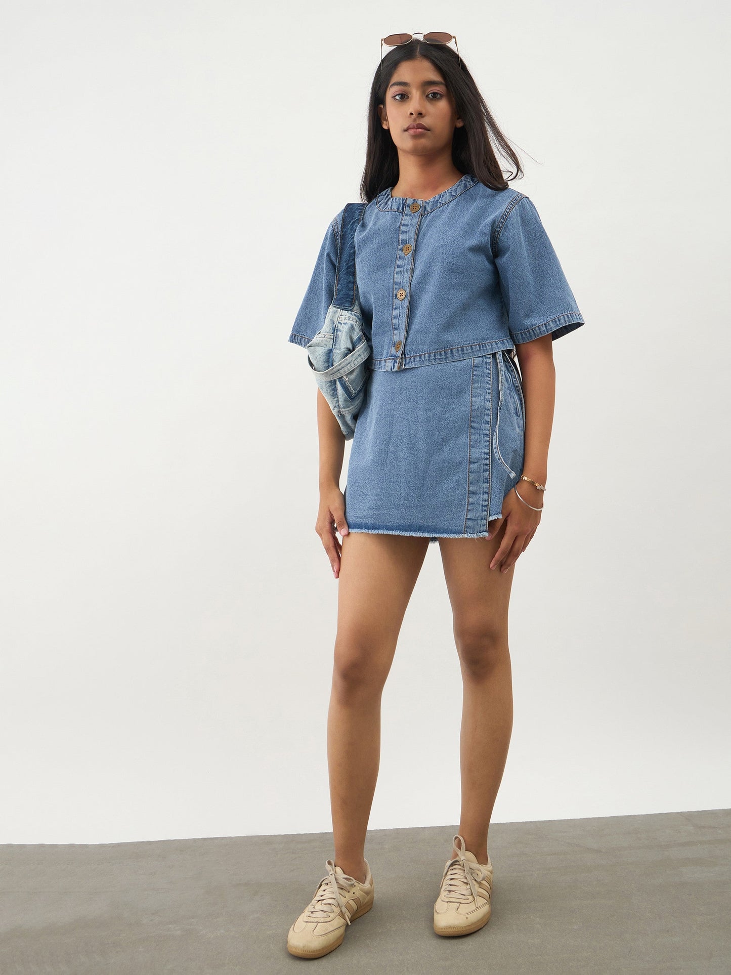 Girls Blue Blast Denim Round Neck Crop Top With Wrap Skorts
