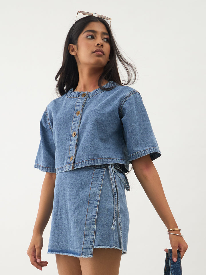 Girls Blue Blast Denim Round Neck Crop Top With Wrap Skorts