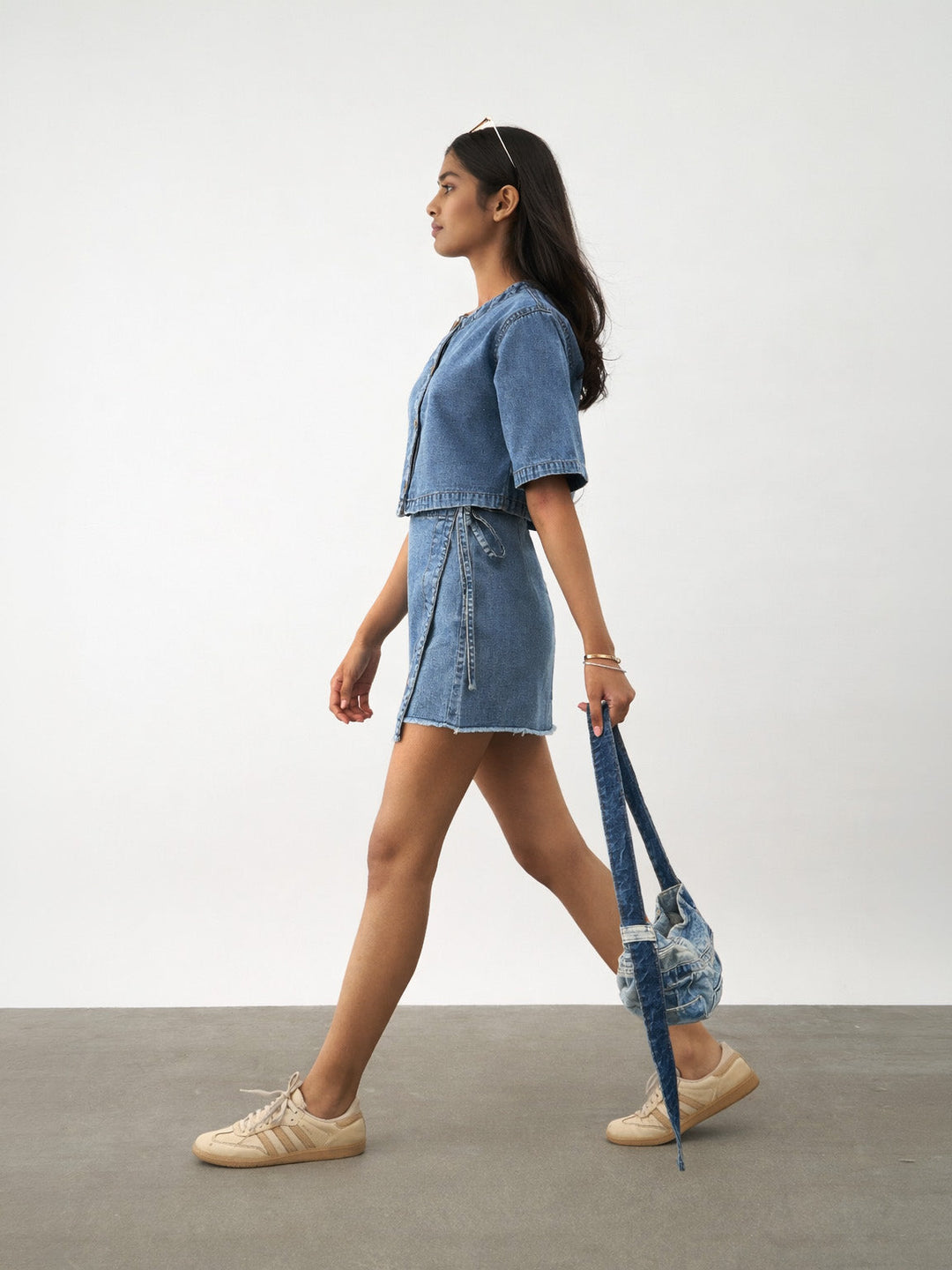 Girls Blue Blast Denim Round Neck Crop Top With Wrap Skorts