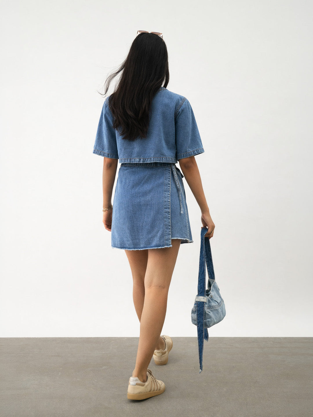 Girls Blue Blast Denim Round Neck Crop Top With Wrap Skorts