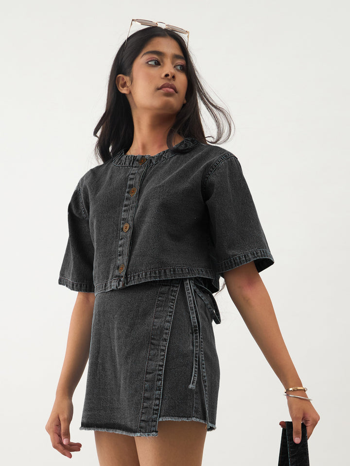Girls Black Denim Round Neck Crop Top With Wrap Skorts