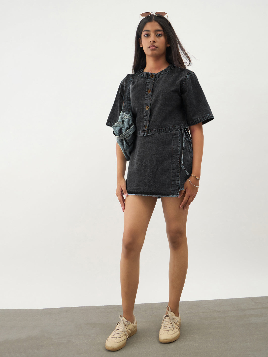 Girls Black Denim Round Neck Crop Top With Wrap Skorts